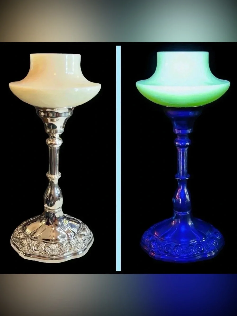 RARE Antique Art Deco Hand-Blown Uranium Custard Glass Silver-Plated Lamp Set